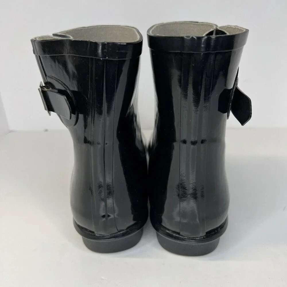 Nomad Dew Waterproof Rain Boots Womens Size 8 Silver Buckle Shiny Solid Black